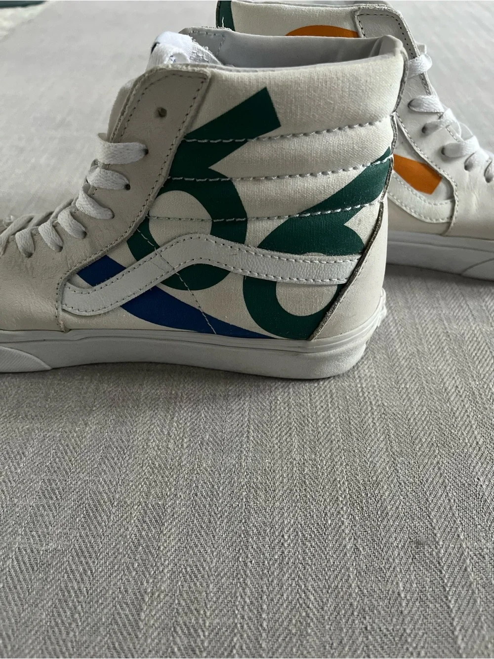 Vans Sk8-Hi Deck Club 66 White Leather High Top Skate Sneakers w/ Bold Graphics